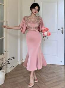 DAZY Sequin Embellished Ruffle Sleeve Mermaid Midi Dress For Women Prom Dress Carnival - Purple - View 7