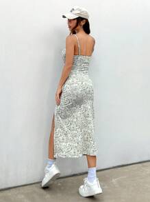 SHEIN EZwear 瓷器花卉印花休闲连衣裙，简约时尚，适合日常穿着 - 綠色 - 查看 2