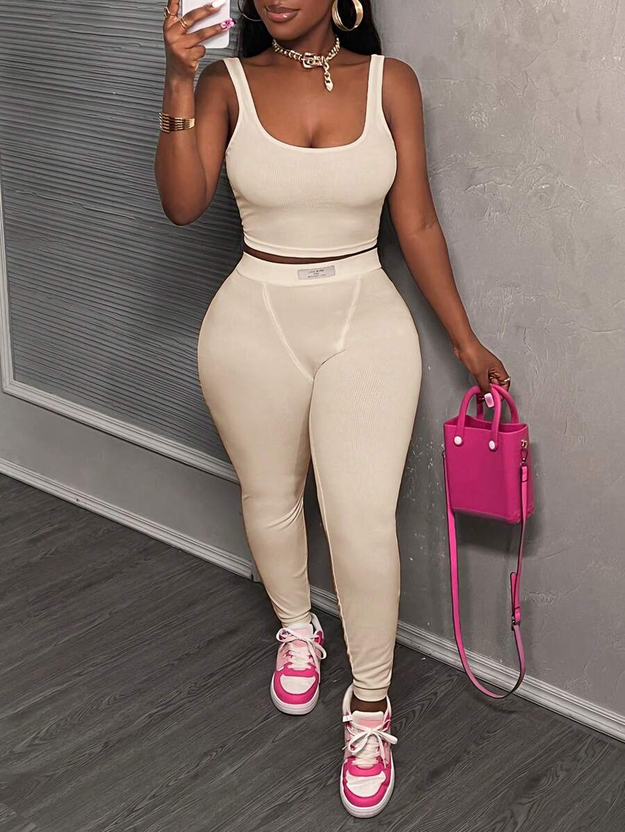 Slaydiva Bộ đồ thể thao cơ bản thường ngày và quần bó cho nữ, áo ba lỗ cổ tròn không tay cắt ngắn có quần bó cạp chun, trang phục mùa hè 2 món - Màu be - Xem 1