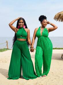 Slaydiva Women Summer Casual Beach Vacation Sleeveless Twist Knot Vest Top And Wide Leg Pleated Pants 2 Pieces Set - Green