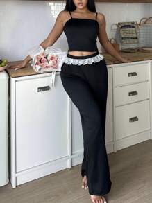 Lace Trim Sweet Women Pajama Set - Black - View 1