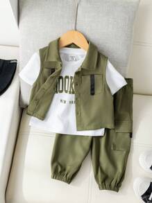 SHEIN 3pcs Baby Kids Letter Print Knit Soft Round Neck Tee Shirt, Elastic Waist Pants And Sleeveless Vest Set