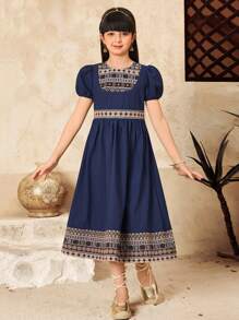 SHEIN Tween Girl Elegant Geometric Print Puff Sleeve Mini Dress