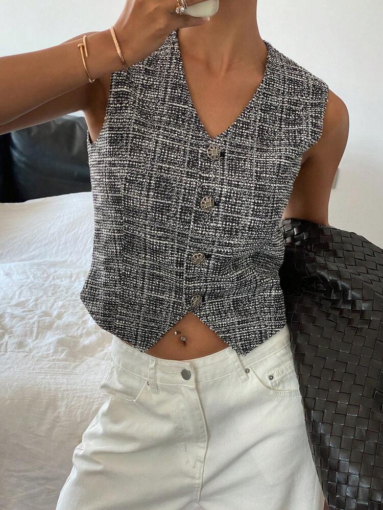 Women's Casual Thick Tweed Cropped Vest Jacket Plaid