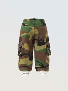 女婴全松紧腰 Y2K 街头酷炫女婴迷彩牛仔工装裤，粉色 - 軍綠色 - 查看 3