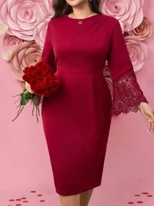 SHEIN Clasi Valentine's Day  Plus Size Elegant Contrast Lace Flared Sleeve Dress - Red - View 1