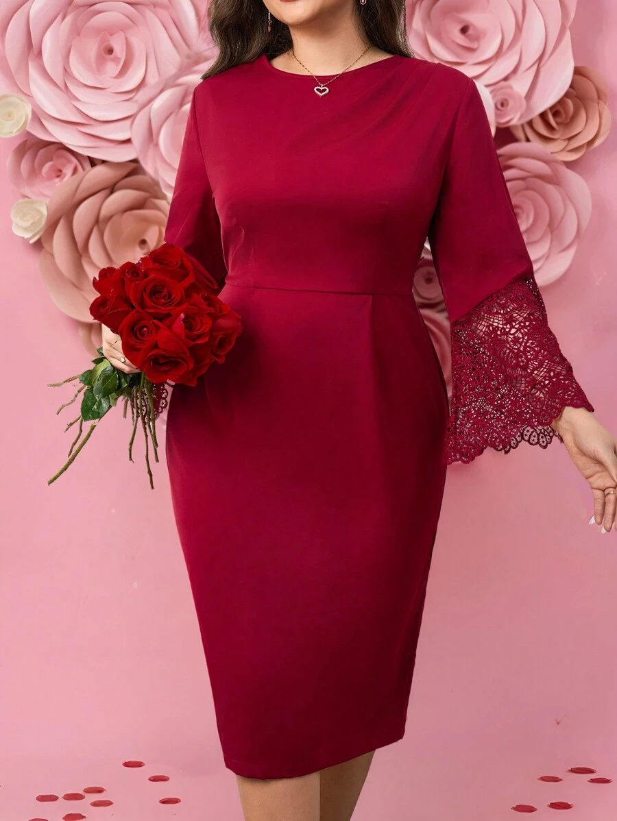 SHEIN Clasi Valentine's Day  Plus Size Elegant Contrast Lace Flared Sleeve Dress - Red - View 1