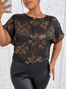 SHEIN Clasi Plus Size Women's Round Neck Raglan Sleeve Jacquard Foil Printed Blouse For Summer - Multicolor - View 1