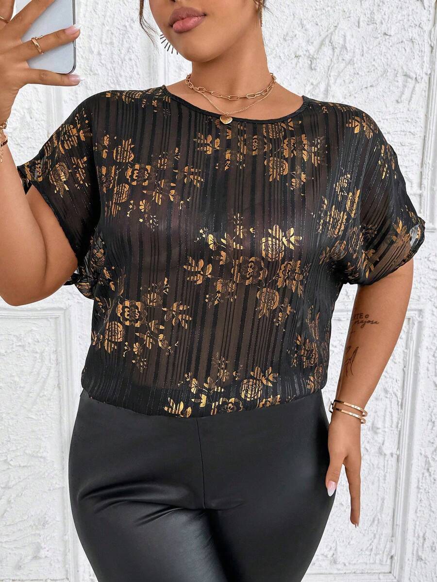 SHEIN Clasi Plus Size Women's Round Neck Raglan Sleeve Jacquard Foil Printed Blouse For Summer - Multicolor - View 1