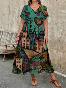 EMERY ROSE Vestido casual de talla grande para mujer con cuello en V y manga corta, adecuado para el verano