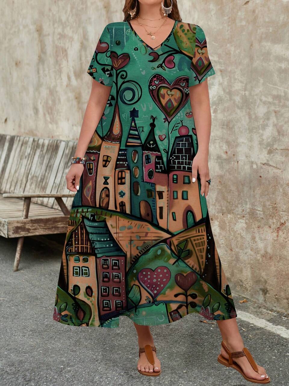 Women Plus Size Casual Simple V-Neck Short Sleeve Dress, Suitable For Summer,Beach Sundress,Holiday Outfits Boho Chic Dress,Spring/Vacation