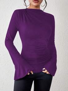 Chiquease 女士纯色长袖修身休闲日常 T 恤，简约风格 - 紫色 - 查看 4