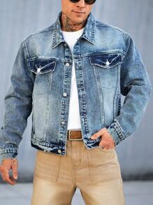 Manfinity Homme Men's Casual Turn-Down Collar Washed Denim Jacket - Light Wash - View 1