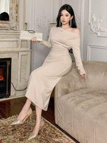 DAZY Women's Solid Color Wrap Bodycon Dress, Spring/Summer,Fall Clothes Long Sleeve Dress - Apricot - View 4