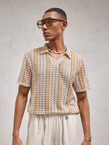 AKNOTIC Party 男士条纹针织提花宽松版型 Polo 衫，适合日常休闲穿着、春夏、假日 - 彩色 - 查看 4