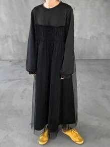 FRIFUL Women's Black Solid Color Waist Cinching Dress With Mesh Splice, Spring,Casual Women Dresses