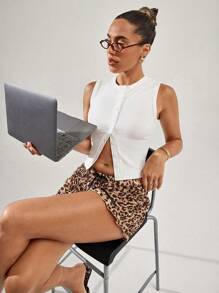 SHEIN BAE 女士白色罗纹针织单排扣休闲短款上衣，夏季女士上衣，外出上衣 - 杏色 - 查看 5