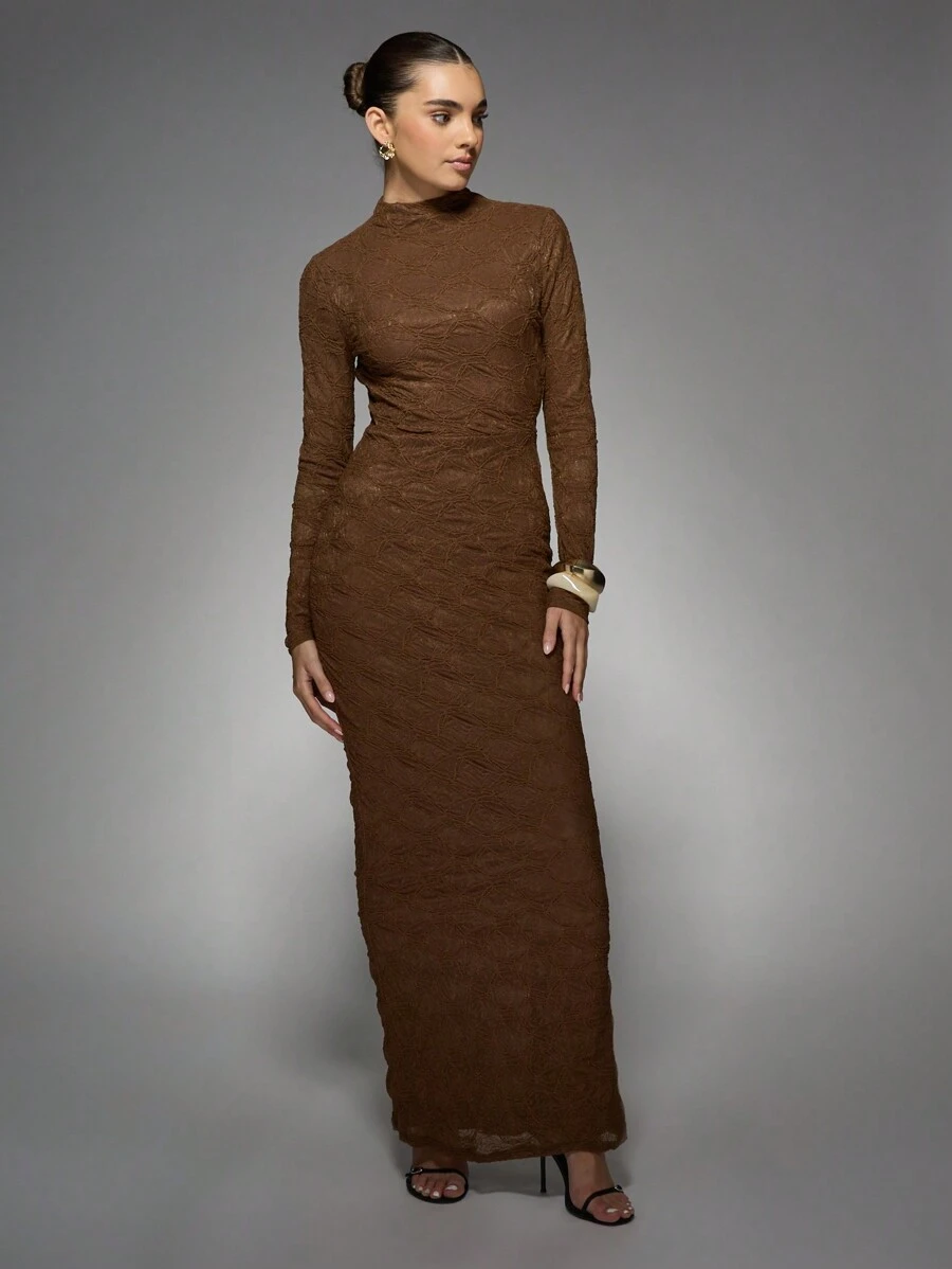 MISSGUIDED Luxury Long Sleeve Bodycon Maxi Dress With High Neck Textured Lace Design Form-Fitting Elegant Evening Gown Perfect For Wedding Guest Prom Red Carpet Events