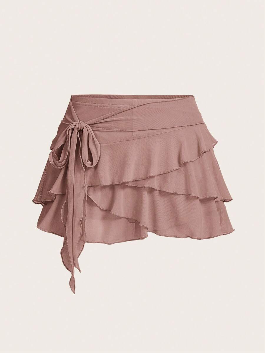 SHEIN ICON Women's Multi-Layer Ruffle Trim Low Rise Y2K Mini Black Skirt - Dusty Pink - View 1