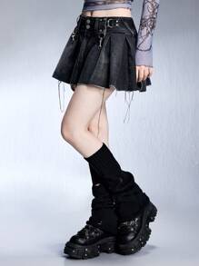 ROMWE Grunge Punk Women Vintage Washed Ripped Pleated Denim Mini Skirt - Black - View 5