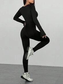 Flirla Dames Lange Mouw Vierkante Hals Split Manchetten Getailleerde Jumpsuit, Sexy En Veelzijdige Atletische Vrijetijds Romper, Herfst