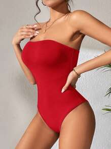 SHEIN PETITE 纯色休闲夏季女式紧身衣 - 紅色 - 查看 5