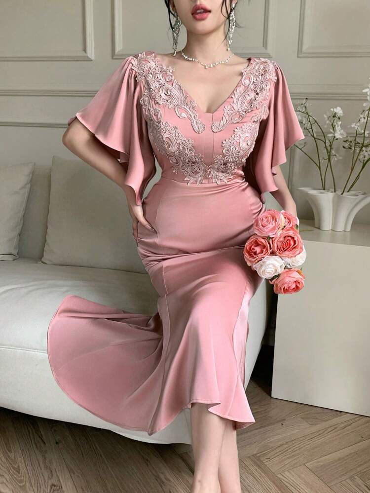 Sequin Embellished Ruffle Sleeve Mermaid Midi Dress For Women Prom Dress Carnival