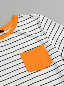 SHEIN EZwear Camiseta de rayas con bolsillo parche de verano - Naranja - Ver 3