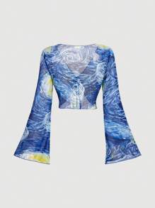 SHEIN MOD Women's Navy Blue Tie-Front Blouse, Flared Sleeve Layered Top With Van Gogh Starry Night Painting Print,Crop Tops