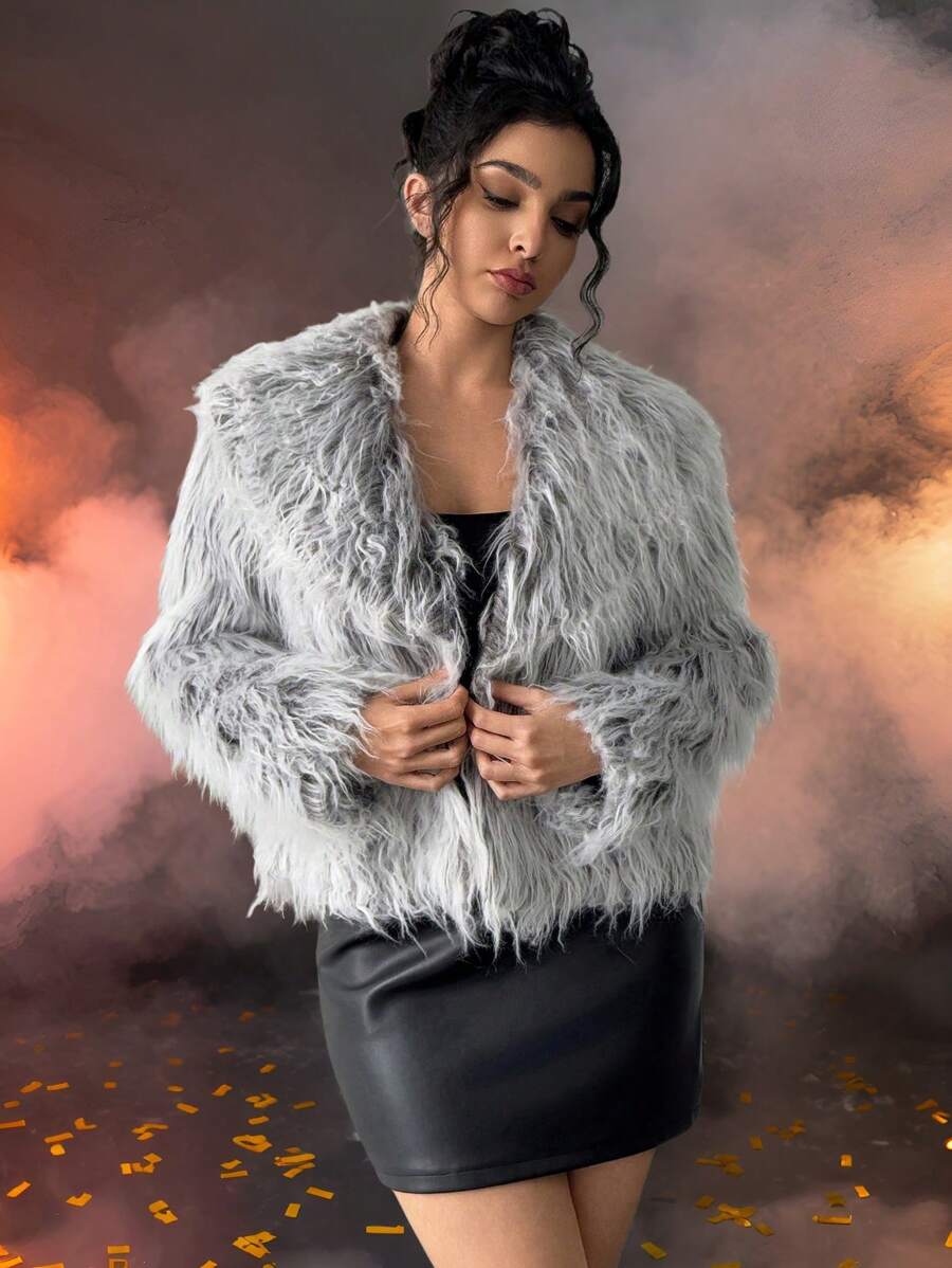 SHEIN Privé Women Vintage Faux Fur Coat, Open Front Furry Collar Fuzzy Jacket, Fashion Winter Outwear, Suitable For Valentine's Day - Grey - View 1