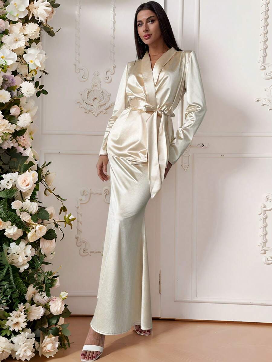 SHEIN Privé Elegant Autumn Cream Shawl Collar Cinched Waist Blazer & V-Waist Slim Fit Fishtail Skirt Suit Set,Minimalist Retro Light Luxury Office Dining,Winter - Apricot - View 1