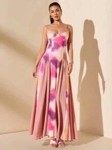 SHEIN BAE Vestido con estampado de degradado multicolor de gris y azul, con dobladillo sobredimensionado, adecuado para citas románticas, fiestas y reuniones. Atuendo de verano para mujer/Ropa de primavera/Atuendo del Día de San Valentín/Carnaval/Atuendos de vacaciones en la playa - Multicolor - Ver 5