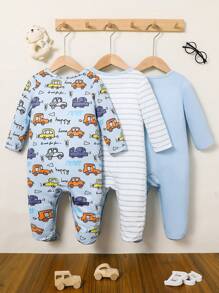 3件套男婴简约时尚纯色蓝色恐龙条纹印花套装，连体衣