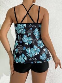 Swim Lushoire 夏季海洋的秘密新款朴素连体泳衣，修身性感植物印花比基尼女式三角泳裤 - 黑色 - 查看 2