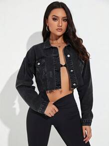 SHEIN Essnce Women's Autumn Drop Shoulder Long Sleeve Frayed Hem Denim Jacket - Black - View 5