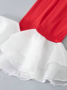 SHEIN 优雅青少年（女孩）黑白拼色欧根纱网眼舞会礼服，适合派对和宴会穿着 - 紅色 - 查看 5