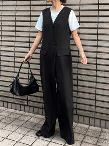 FRIFUL Mono negro para mujer, pantalón de pierna recta con cuello en V y sin mangas, monos de primavera para mujer