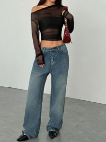 EgrlEra 女式黑色网眼透明褶皱修身长袖短款上衣，时尚简约休闲优雅性感设计，适合度假、街头装、日常穿着、春夏 - 黑色 - 查看 4