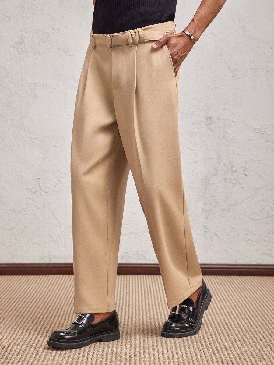 AKNOTIC Party Men's Mid-Waist Straight Leg Casual Woven Pants, Suitable For Summer - Khaki - View 1