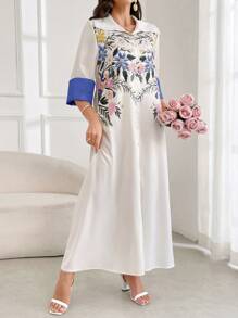 Al Najma 女式花卉印花单排扣七分袖宽松阿拉伯风格连衣裙，端庄 - 藍色 - 查看 4