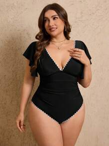 SHEIN Swim Curve 大码女式连体白色荷叶边泳衣，夏季海滩度假泳装 - 黑色 - 查看 3