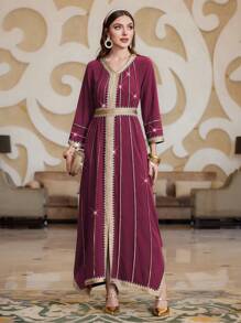 Layrah Women's Long Sleeve Arabic Traditional Decorated Dress Kaftan Jalabiya Dress - Rose Red - View 4