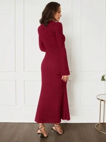 MaterniWear Maternity Elegant Floor Length Mermaid Dress Black, Long Flare Sleeve Slim Fit Maxi Gown For Pregnant Women - Burgundy - View 2