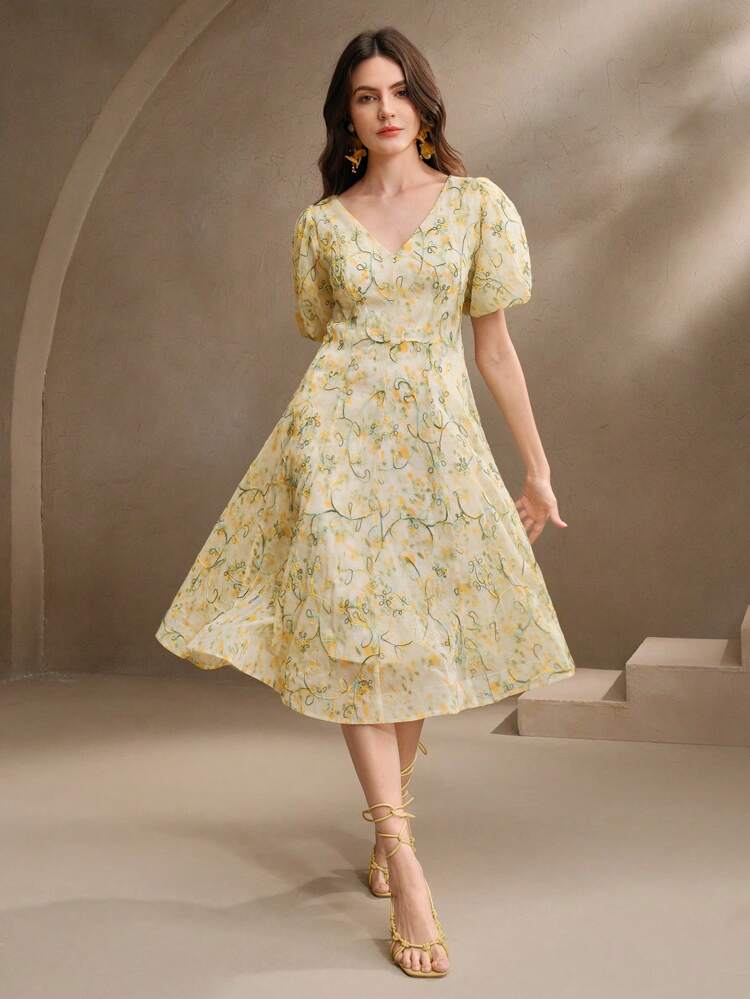 Women's Green Ditsy Floral Cinched Waist Summer Dress For Spring