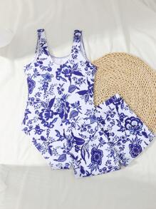 SHEIN 2pcs/Set Teen Girls One-Piece Random Floral Printed Swimsuit - Blue and White - View 2
