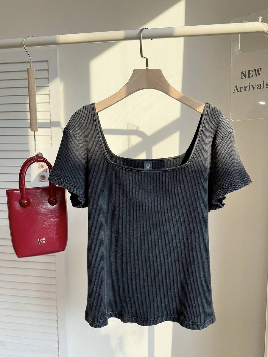 Comfortcana Plus Size Women's Acid Washed Look Vintage Knitted Distressed,Streetwear,Grunge ,Short Sleeve Square Neck Black T-Shirt,College Students,Spring Summer