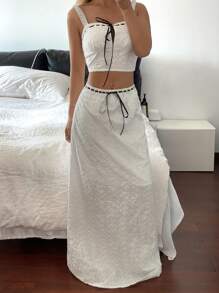 SHEIN Essnce 女士白色编织孔眼刺绣背心和裙子套装，优雅女士两件套，婚礼配套套装 - 白色 - 查看 4