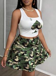 Slaydiva Casual U-Neck Camouflage Heart Q Printed Vest Camouflage Mini A-Line Skirt Women's Plus Two-Piece Set,Holiday Outfits