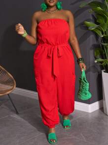 Slaydiva 大码女式休闲纯色连体裤，配有口袋、抽绳腰部和抹胸上衣