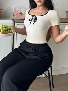 Snug Zone 2pcs Women Contrast Color Trim Short Sleeve Top And Long Pants Home Wear Set Holiday Season Outfit - Multicolor - View 6